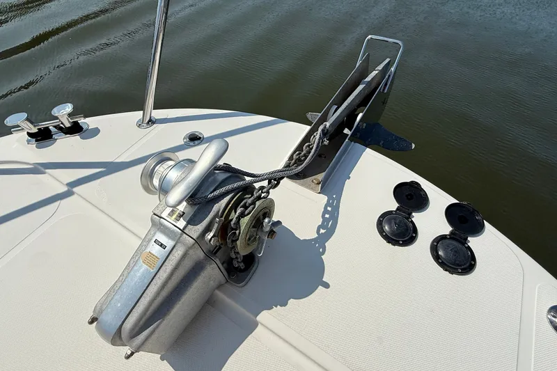 Slide: The Image of Anchor system on 2012 American Tug 365 boat, featuring winch and cleats. - 8