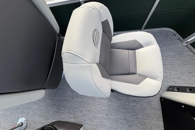 Slide: The Image of 2027 Sun Tracker Fishin' Barge 20 DLX boat seat, gray and white upholstery. - 14