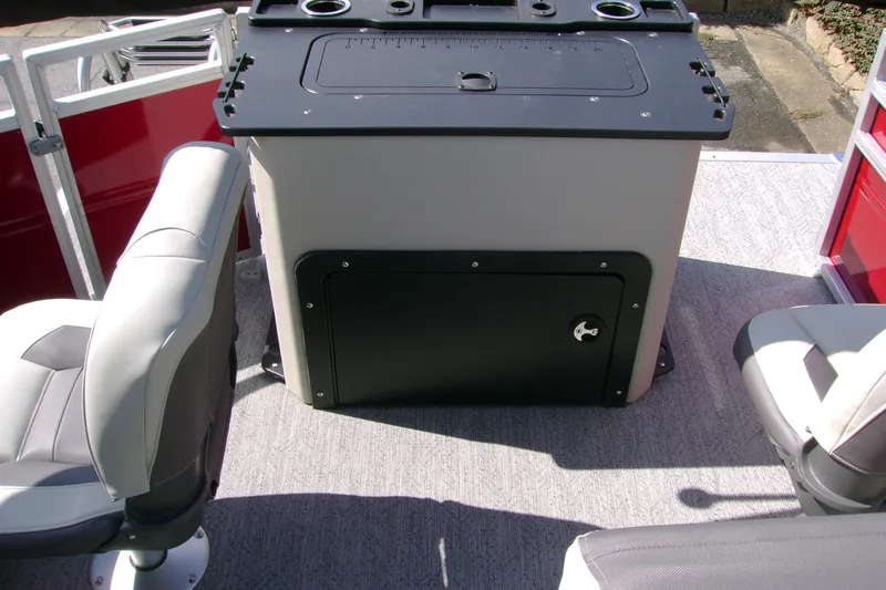 Slide: The Image of Interior of 2027 Sun Tracker Fishin' Barge 22 DLX with seating and storage. - 14