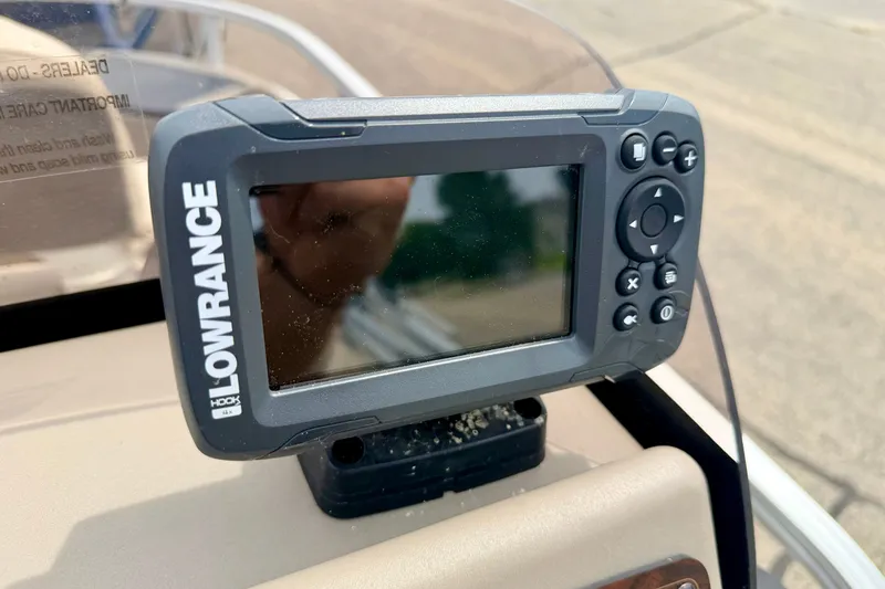 Slide: The Image of Lowrance fish finder on 2022 Sun Tracker Bass Buggy 18 DLX boat dashboard. - 47