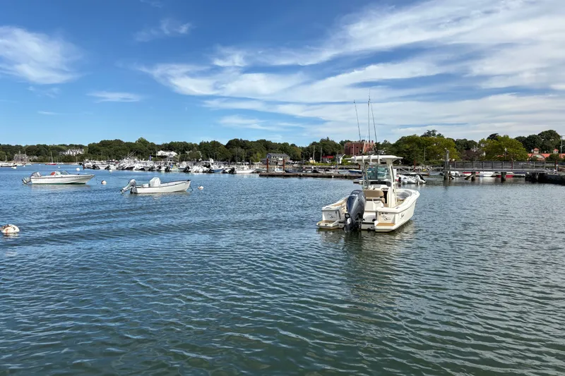 Slide: The Image of 2014 Scout 225 XSF boat on calm water with scenic marina background. - 7
