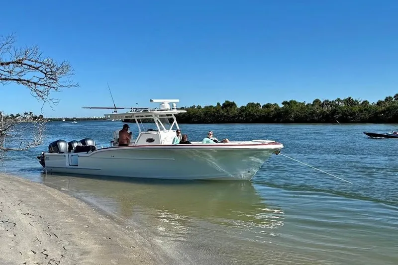 The Image of 2018 Buddy Davis boat anchored on a sandy shore with people onboard. - 1