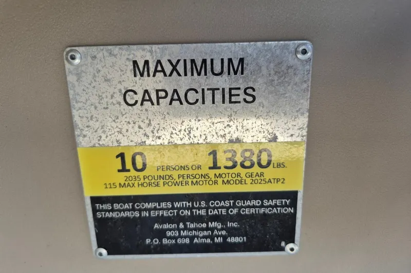 Slide: The Image of 2021 Avalon VLS 2080 QL capacity plate, 10 persons or 1380 lbs, 115 HP motor. - 27