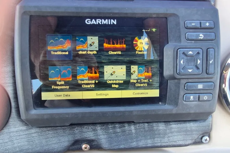 Slide: The Image of Garmin fishfinder display on Avalon VLS 2080 QL, 2021 model, showing sonar options. - 14