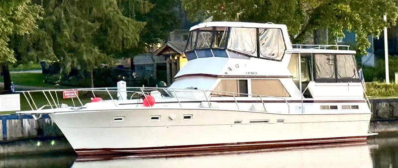 Slide: The Image of 1987 Viking Motor Yacht docked at a serene riverside with lush greenery in the background. - 4