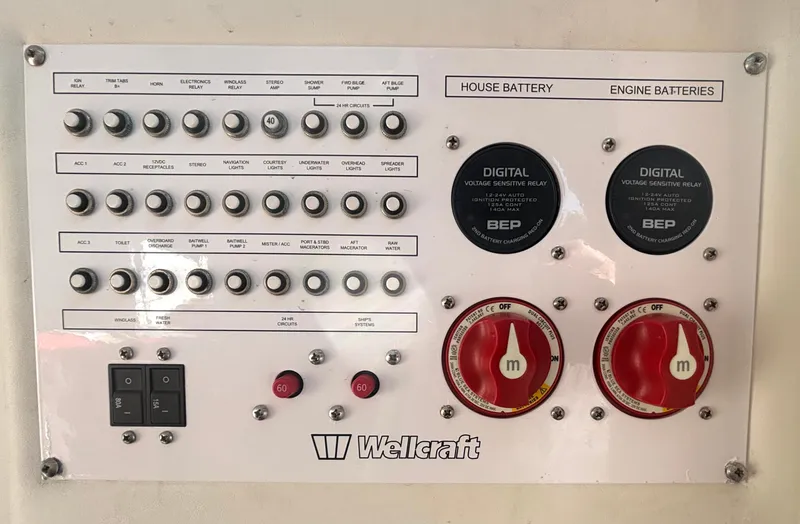 Slide: The Image of Control panel of the 2019 Wellcraft 302 Center Console with battery selectors and fuses. - 42