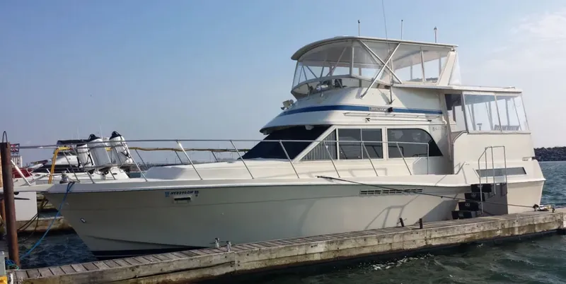 The Image of A 1987 Chris-Craft 427 Catalina docked. It features a spacious upper deck. - 1