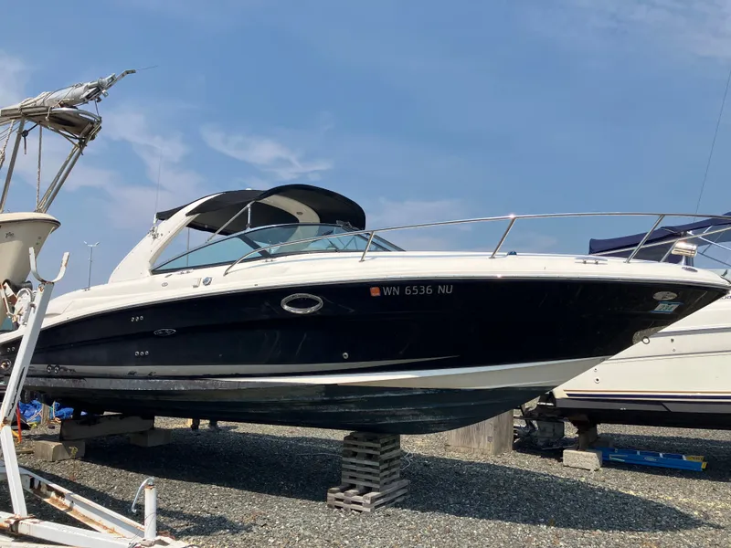 The Image of A 2006 Sea Ray 290 Sun Sport is on a stand. It features a black hull design. - 1