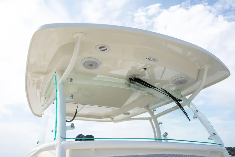 Slide: The Image of 2024 Hunt Yachts 32CC boat top view with speakers and windshield wipers. - 17