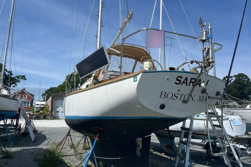 Slide: The Image of 1980 Cape Dory 30 sailboat on land with solar panel, Boston, MA. - 3