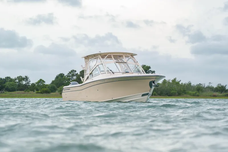 Slide: The Image of 2021 Grady-White Freedom 275 boat on water, cloudy sky, lush shoreline background. - 2