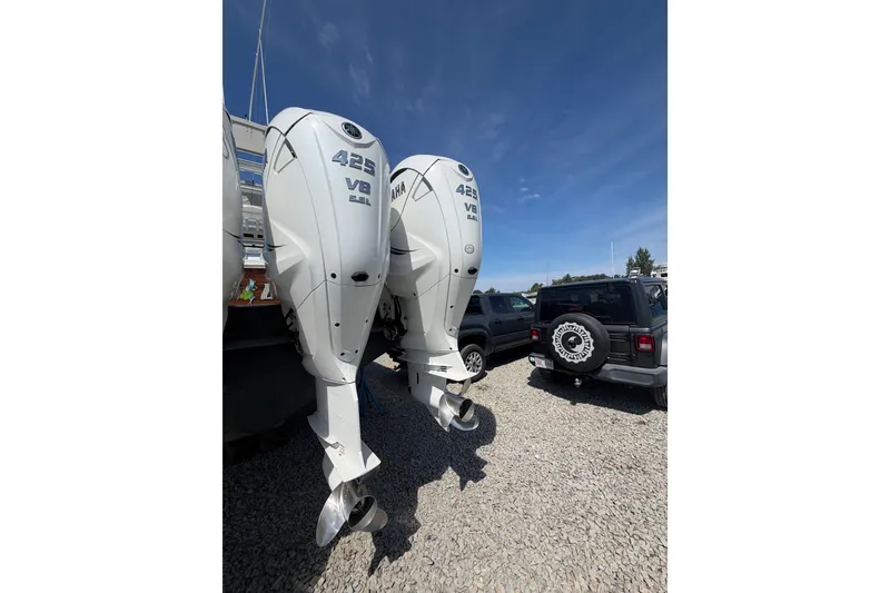 Slide: The Image of Twin Yamaha 425 V8 outboard engines on a 2019 Regulator 41 boat. - 19