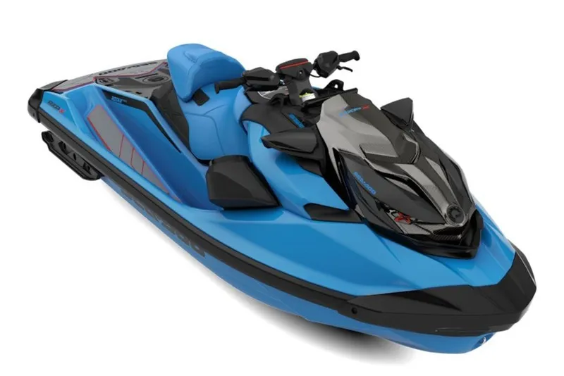 The Image of 2027 Sea-Doo RXP-X 350 jet ski in vibrant blue and black design. - 3