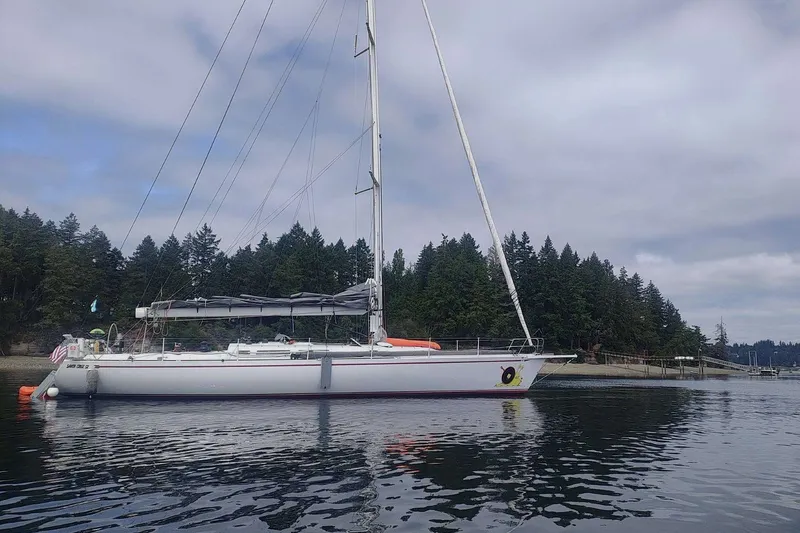 The Image of Sailboat Santa Cruz 52, 1992 model, anchored near forested shoreline under cloudy sky. - 5