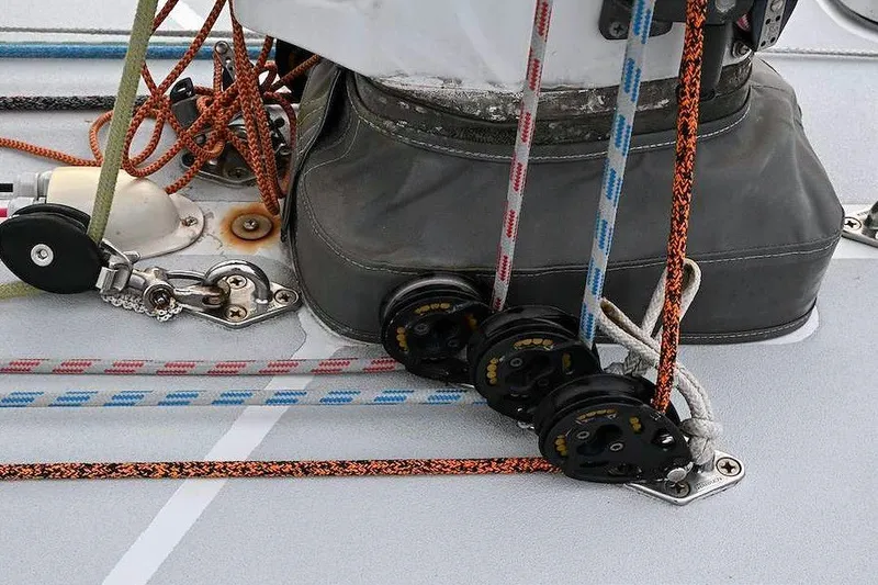 Slide: The Image of Close-up of sailing rigging on a 1992 Santa Cruz 52 yacht deck. - 43