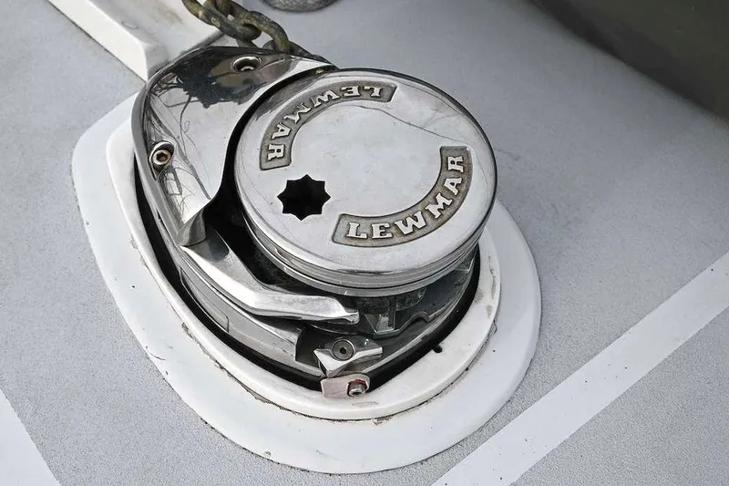 Slide: The Image of Lewmar winch on 1992 Santa Cruz 52 yacht deck, close-up view. - 52