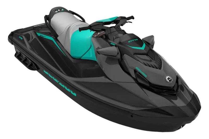 The Image of 2026 Sea-Doo GTR 230 jet ski in sleek black and teal design. - 2