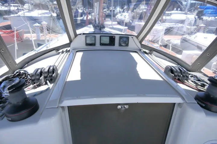 Slide: The Image of Cockpit view of a 2004 J Boats J/109 sailboat with navigation instruments. - 42