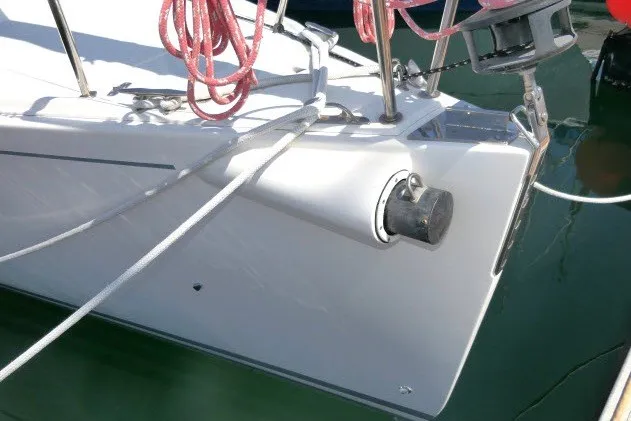 Slide: The Image of 2004 J Boats J/109 sailboat bow with ropes and anchor detail. - 60