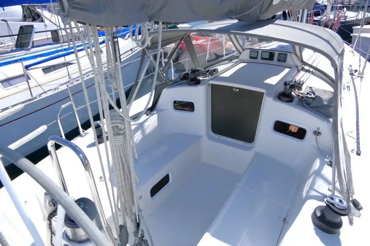 Slide: The Image of 2004 J Boats J/109 sailboat cockpit with winches and navigation instruments. - 38