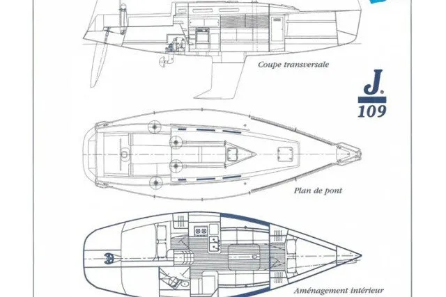 Slide: The Image of Blueprint of 2004 J Boats J/109 sailboat, showing cross-section, deck, and interior layout. - 68
