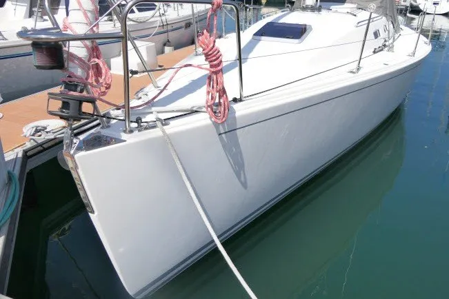 Slide: The Image of 2004 J Boats J/109 sailboat docked in marina, side view. - 71