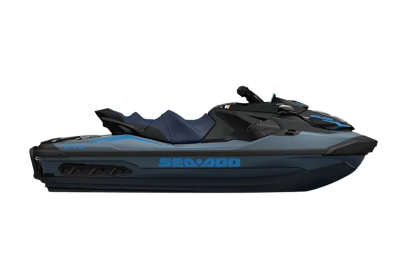 Slide: The Image of 2027 Sea-Doo GTX 230 jet ski in sleek blue and black design. - 2