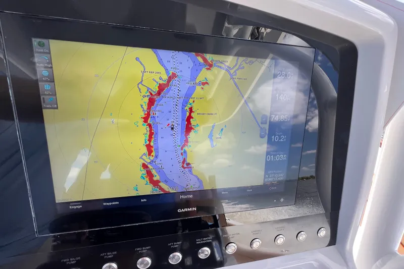 Slide: The Image of Garmin navigation display on 2020 Valhalla 33 boat, showing detailed marine map. - 5