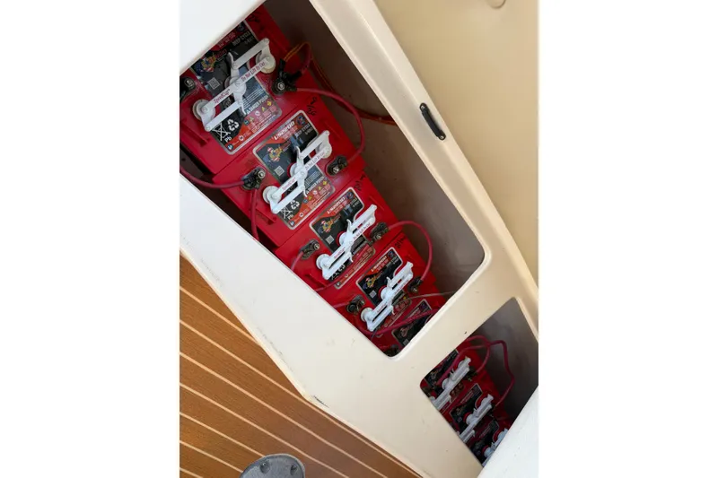 Slide: The Image of Red batteries installed in a 2005 Duffy Classic 21 boat compartment. - 20