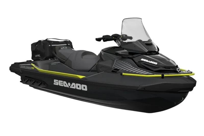 The Image of 2027 Sea-Doo Explorer Pro 230 jet ski, sleek black design with yellow accents. - 1
