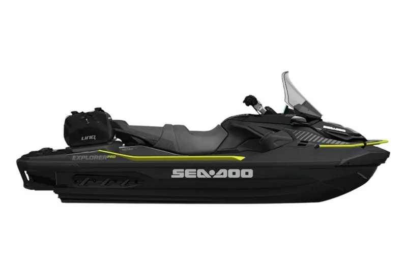Slide: The Image of 2027 Sea-Doo Explorer Pro 230 jet ski, sleek black design with yellow accents. - 2