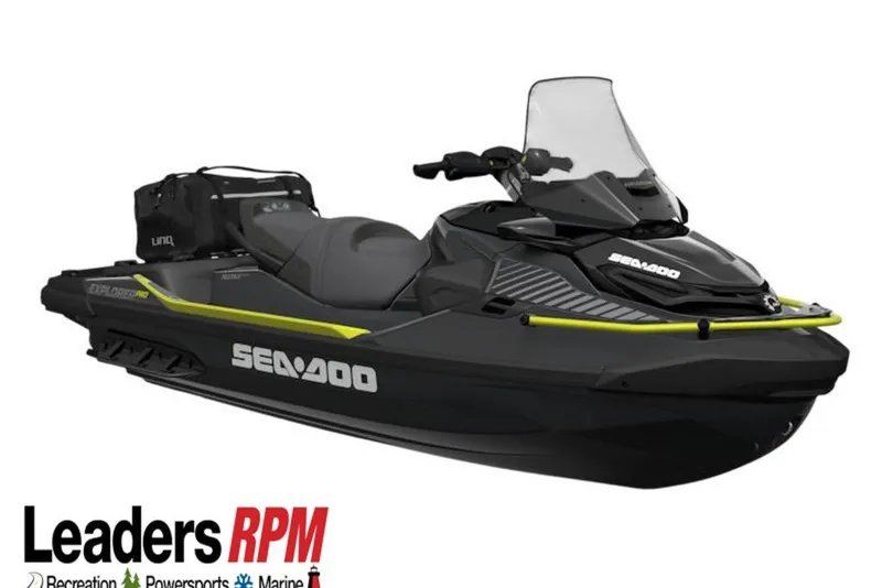 The Image of 2027 Sea-Doo Explorer Pro 230 jet ski, black with yellow accents, displayed at Leaders RPM. - 0