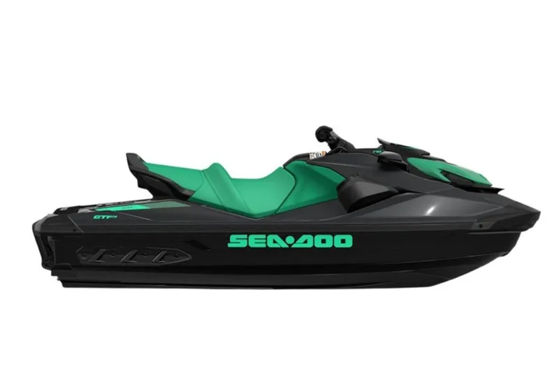 Slide: The Image of 2027 Sea-Doo GTI SE 170 jet ski, black and green design, side view. - 2