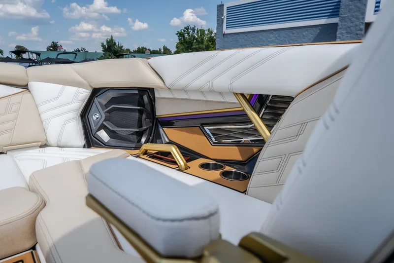 Slide: The Image of Luxurious interior of 2027 Tigé Ultré 23ZX boat with premium seating and speaker system. - 70