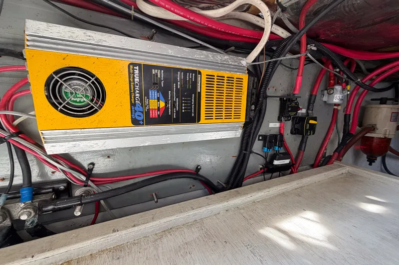 Slide: The Image of Electrical system inside a 1990 Cruise-A-Home Corsair, featuring a Truecharge 40+ battery charger. - 20