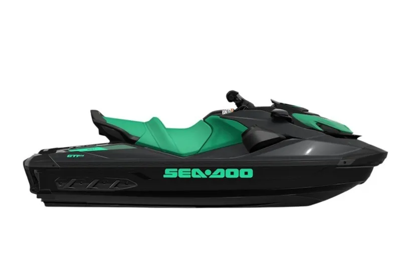 Slide: The Image of 2027 Sea-Doo GTI SE 130 jet ski, black and green design, side view. - 2