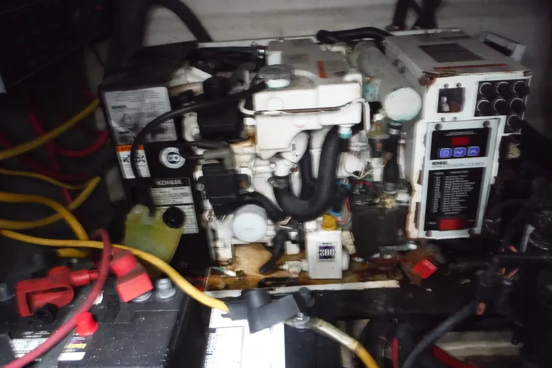 Slide: The Image of Engine compartment of a 2007 Monterey 330 Sport Yacht with visible wiring and components. - 36