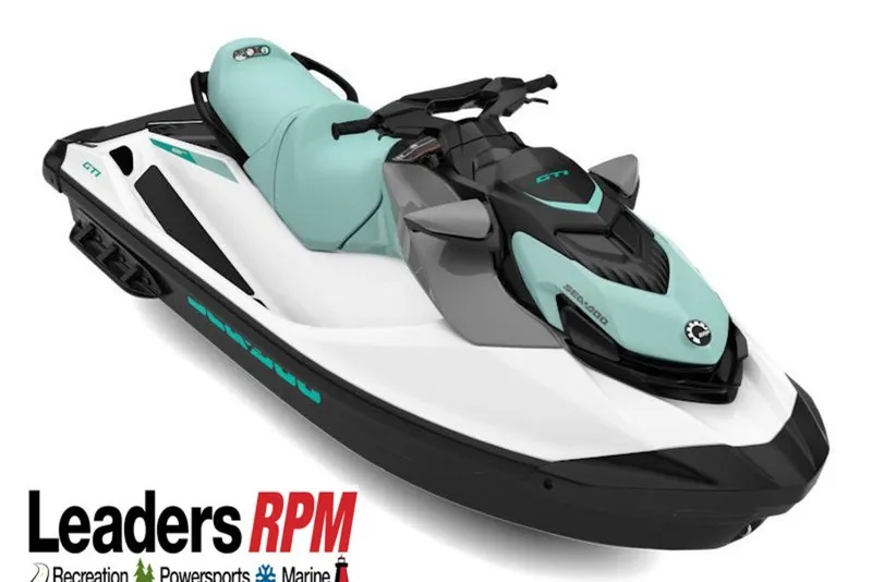 The Image of 2027 Sea-Doo GTI 130 jet ski in white and teal, displayed by Leaders RPM. - 0
