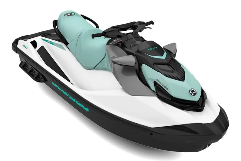 The Image of 2027 Sea-Doo GTI 130 jet ski, sleek design, mint and black color scheme. - 2