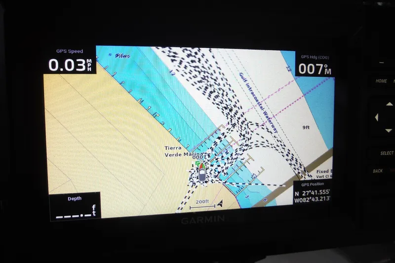 Slide: The Image of Garmin GPS display on 2007 Sea Ray 290 SLX showing nautical chart and navigation details. - 21
