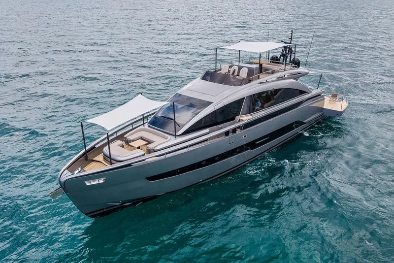 Slide: The Image of Luxurious 2025 Pershing GTX 80 yacht cruising on open water. - 4