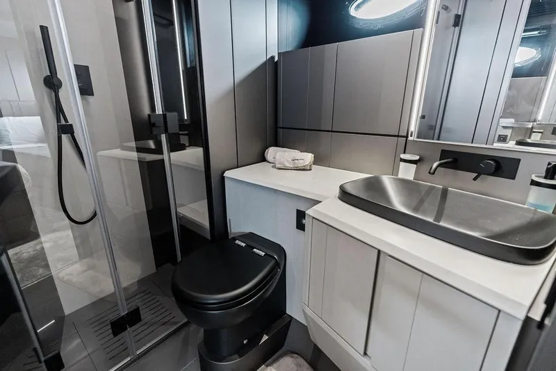 Slide: The Image of Modern bathroom interior of 2025 Pershing GTX 80 yacht with sleek fixtures and elegant design. - 76