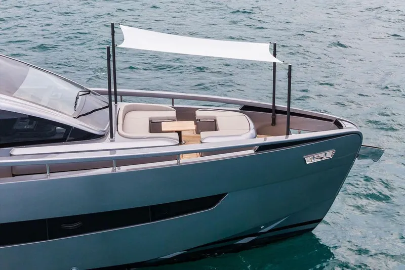 Slide: The Image of 2025 Pershing GTX 80 yacht with sleek design and luxurious deck seating. - 10