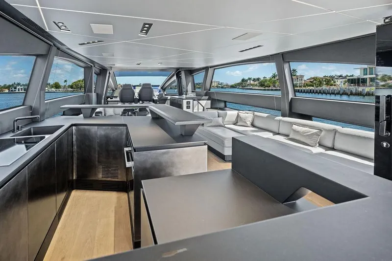 Slide: The Image of Luxurious interior of 2025 Pershing GTX 80 yacht with modern design and waterfront views. - 54