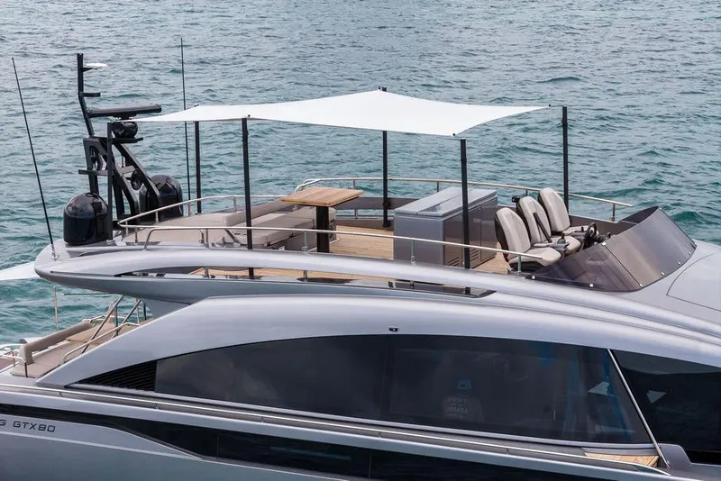 Slide: The Image of 2025 Pershing GTX 80 yacht with sleek design and spacious upper deck on the water. - 9