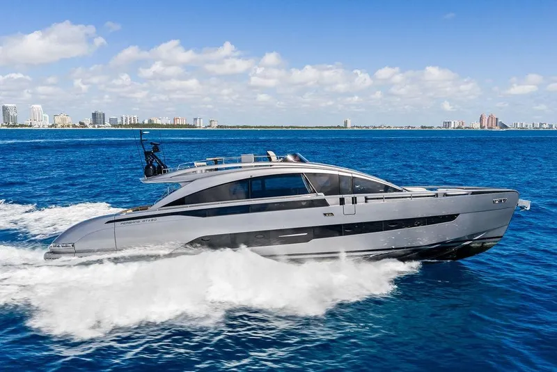 Slide: The Image of Luxury Pershing GTX 80 yacht cruising on blue ocean, 2025 model. - 26