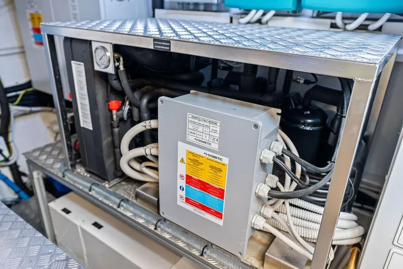 Slide: The Image of Engine room equipment of 2025 Pershing GTX 80 yacht, featuring complex wiring and components. - 96