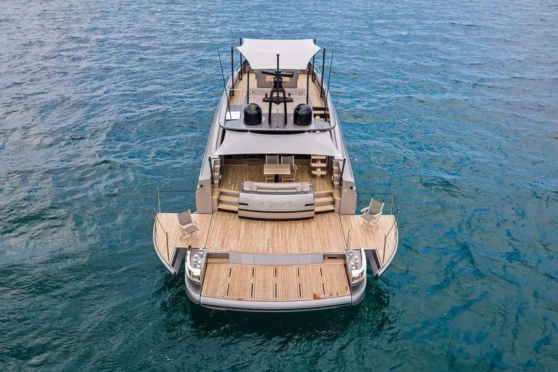 Slide: The Image of Luxury Pershing GTX 80 yacht, 2025 model, with spacious deck on open sea. - 7