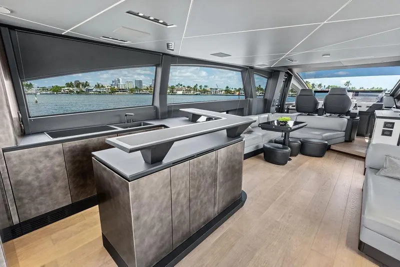 Slide: The Image of Luxurious interior of 2025 Pershing GTX 80 yacht with modern design and waterfront view. - 55