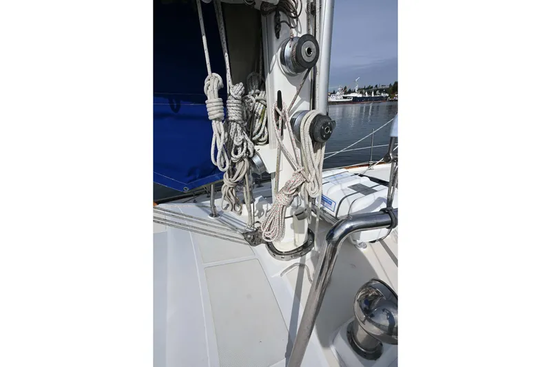 Slide: The Image of Close-up of 1989 Taswell 43 yacht rigging and ropes on deck. - 12